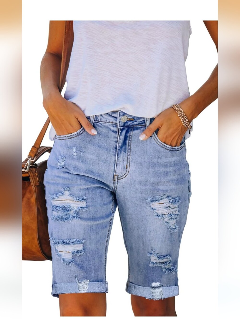 Judy Blue Light Wash Distressed Denim Bermuda Shorts - Light Blue - Picture 4 of 7